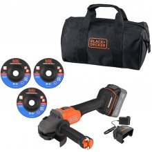 Black & Decker BCG6L8F1S Aku bezuhlíková úhlová bruska (18V/1x4,0Ah), 3x kotouč a taška