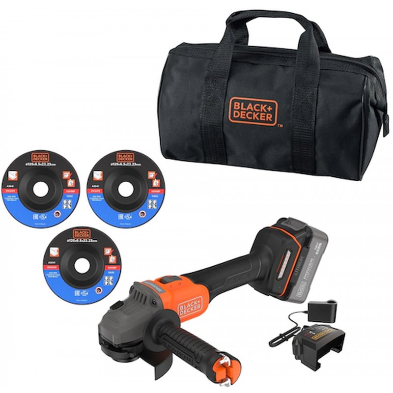 Black & Decker BCG6L8F1S Aku bezuhlíková úhlová bruska (18V/1x4,0Ah), 3x kotouč a taška