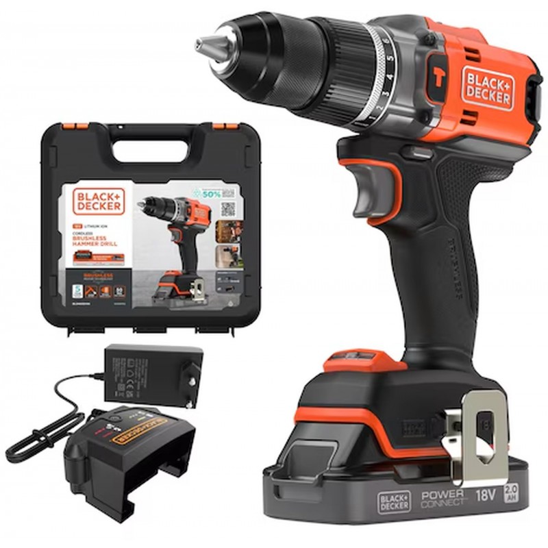 Black & Decker BLD683D1XK Aku bezuhlíková příklepová vrtačka (50Nm/18V/1x2,0Ah), kufr