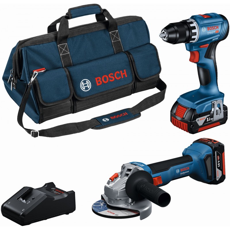 BOSCH PROFESSIONAL 2dílná sada 18V nářadí GSR + GWS + (2× 4,0 Ah + GAL, brašna) 0615A5007N