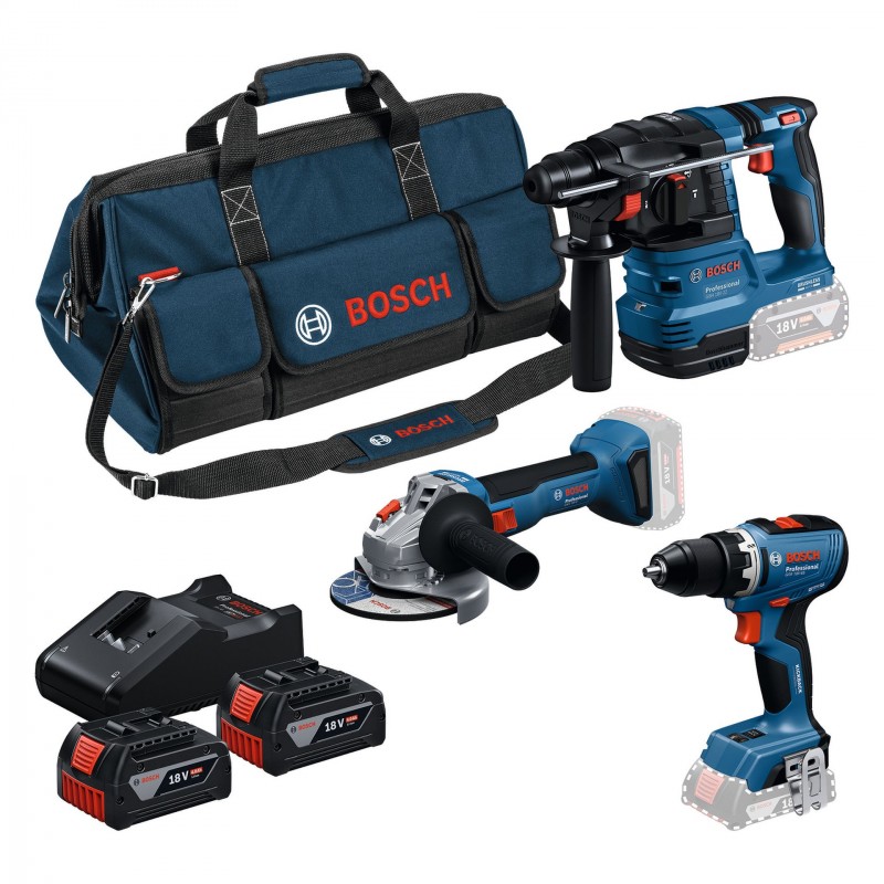 BOSCH GSR + GWS + GBH + 2× GBA 18V 4.0 Ah + GAL 18V-40 18V nářadí 3 ks 0615A50094
