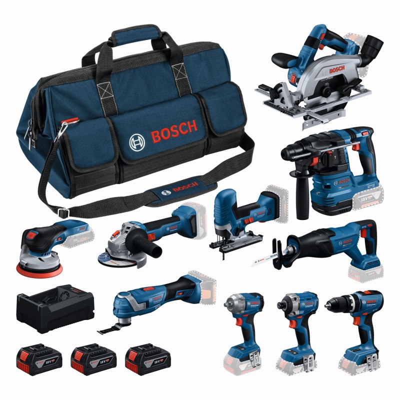 BOSCH 10dílná sada 18V nářadí GSB+GBH+GWS+GDR+GKS+GSA+GOP+GST+GDS+GEX+3x5,0Ah 0615A500EH