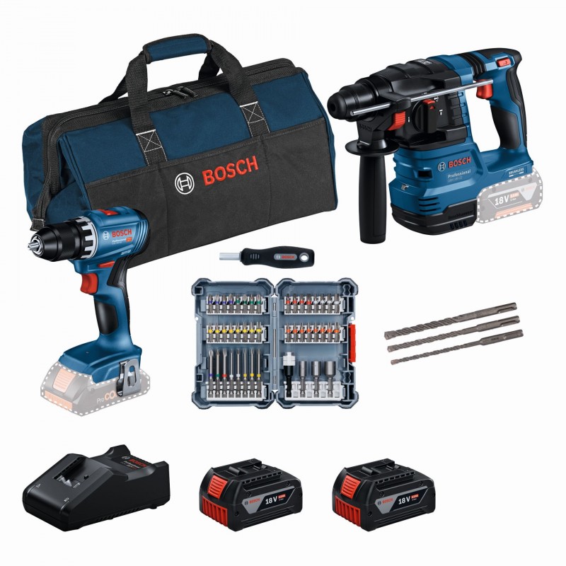 BOSCH Set18V GSR18V-45 GBH 18V 22 bity45x SDS-plus-53ks 2×4.0Ah GAL18V-40 karton 0615V0003D BOSCH Set18V GSR18V-45 GBH 18V 22 bity45x SDS-plus-53ks 2×4.0Ah GAL18V-40 karton 0615V0003D