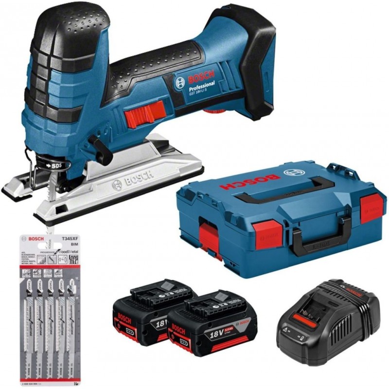 BOSCH GST 18V-LI S Aku kmitací pila + 5dílná sada plátků do kmitací pily + 2× 5,0 Ah akumulátor v L-BOXXu 06015A5106