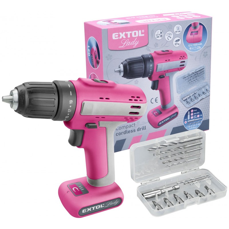 EXTOL LADY vrtací šroubovák aku, růžový, 12V Li-ion, 1500mAh 402402