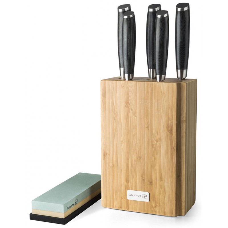 G21 Sada nožů Gourmet Damascus v bambusovém bloku 5 ks + brusný kámen 6002216 G21 Sada nožů Gourmet Damascus v bambusovém bloku 5 ks + brusný kámen 6002216