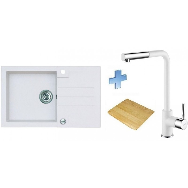 ALVEUS set dřez Rock 130 white + krájecí deska + baterie Flores white / chrom