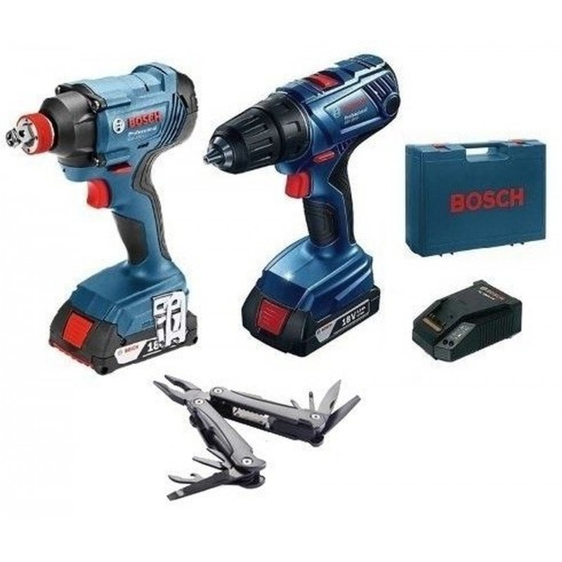 BOSCH GDX 180-Li Aku rázový utahovák + GSR 180-Li Aku vrtací šroubovák + Multifunkční nářadí Swiss Peak 06019G5222