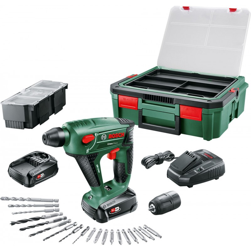 BOSCH Uneo Maxx 18 Li Aku kombinované kladivo (2x1,5 Ah) + Systembox 060395230K BOSCH Uneo Maxx 18 Li Aku kombinované kladivo (2x1,5 Ah) + Systembox 060395230K