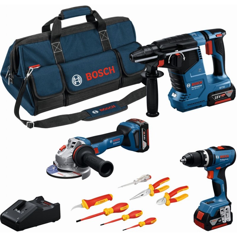 BOSCH Sada nářadí PROFESSIONAL GSB + GWS + GBH + 3x 5,0Ah + šroubováky a kleště 0615A5007H BOSCH Sada nářadí PROFESSIONAL GSB + GWS + GBH + 3x 5,0Ah + šroubováky a kleště 0615A5007H