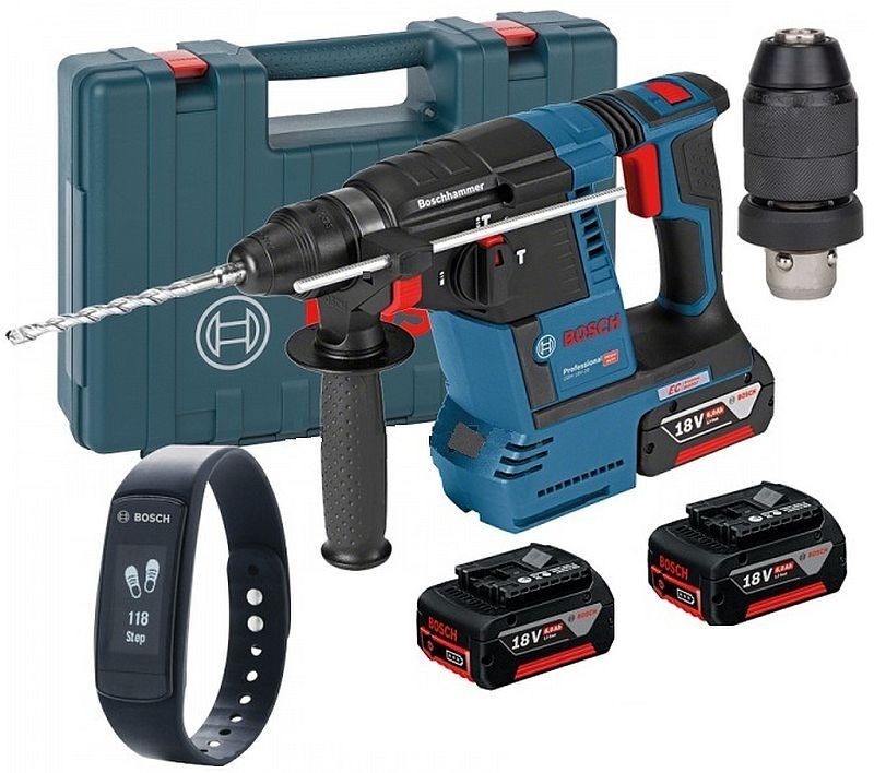 BOSCH GBH 18V-26 F akumulátorové vrtací kladivo v kufru + extra baterie GBA 18 V 5 AH + fitness náremek ZDARMA, 0.611.910.003