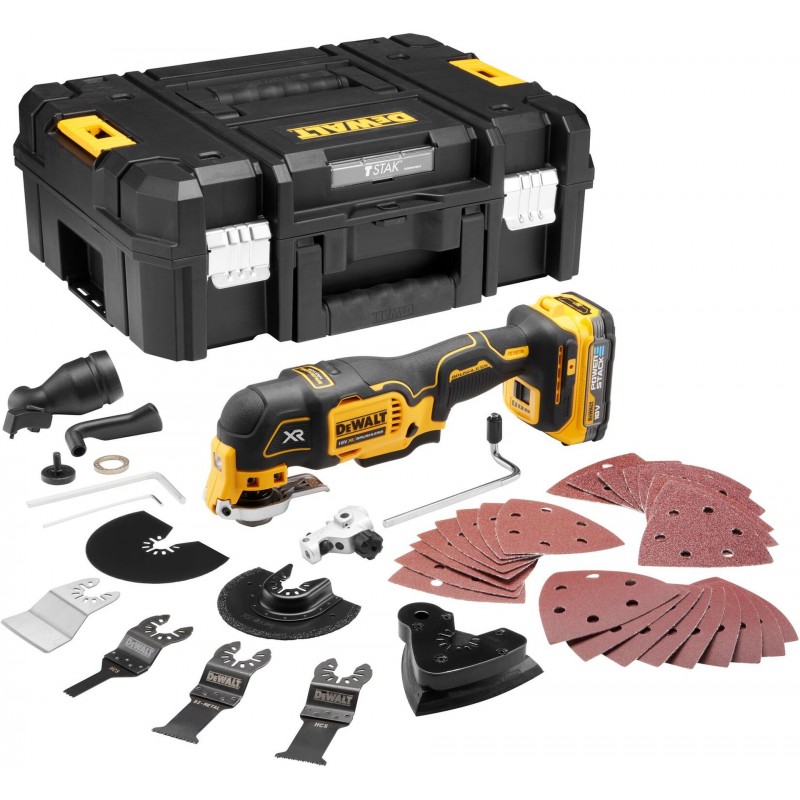 DeWALT DCS356E1T Aku oscilační multibruska 18V (1x1,7Ah Powerstack) bez nabíječky, kufr Tstak 35ks příslušenství