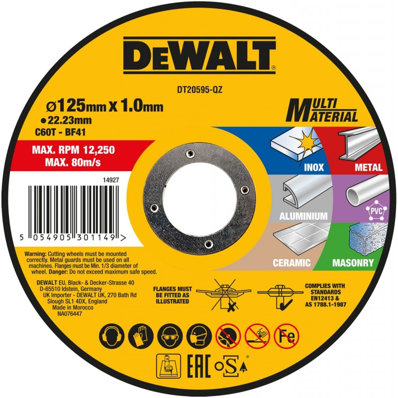 DeWALT DT20595 Multimateriálový řezný kotouč 125 x 22,2 x 1,0 mm DeWALT DT20595 Multimateriálový řezný kotouč 125 x 22,2 x 1,0 mm
