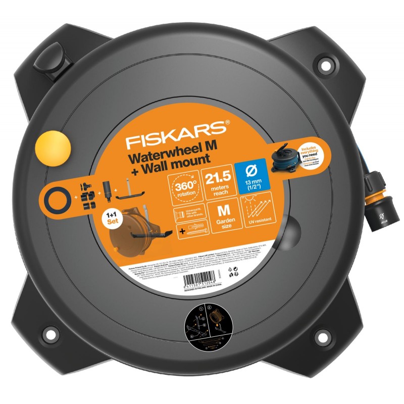 Fiskars Set buben s hadicí M 1/2", dosah 21,5 metrů s držákem na zeď 1059608