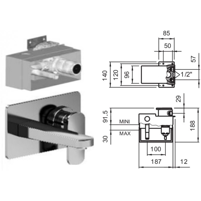 LUAFEN Podomítkové těleso pro umyvadlové podomítkové baterie tříotvorové