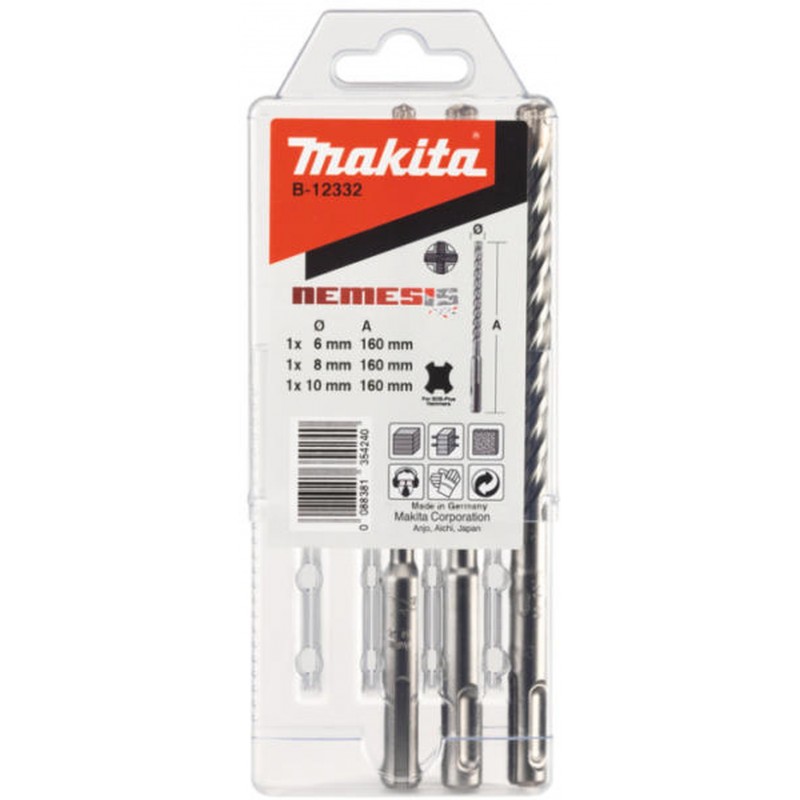 MAKITA B-12332 sada 4-břitých vrtáků SDS-plus Nemesis 3 ks 6/8/10x160mm MAKITA B-12332 sada 4-břitých vrtáků SDS-plus Nemesis 3 ks 6/8/10x160mm