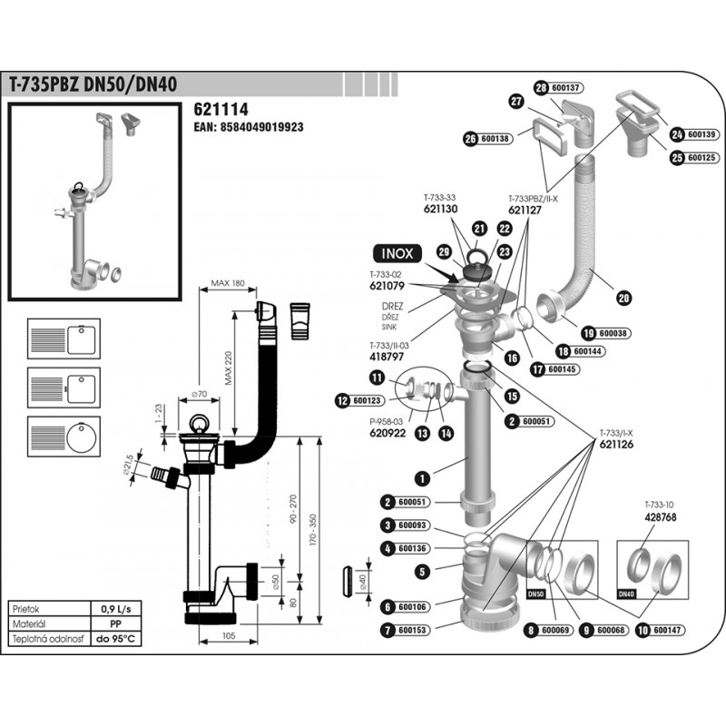 NORMA T-735 PBZ DN 50/40 sifón ke dřezu s přepadem NORMA T-735 PBZ DN 50/40 sifón ke dřezu s přepadem