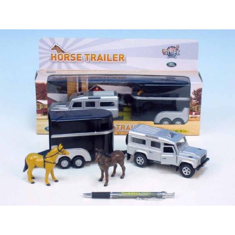 Auto Land Rover Defender, kov, 14cm, s přívěsem pro koně, 11cm, na zpětné natažení 00028147