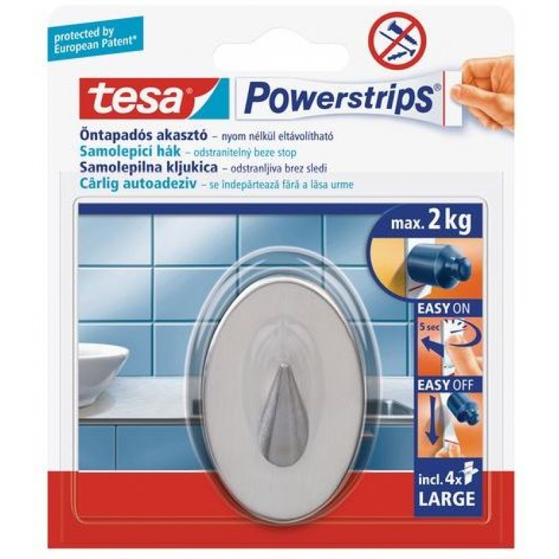 TESA Powerstrips háček velký oválný háček, nerez ocel, nosnost 2kg 58121-00101-01 TESA Powerstrips háček velký oválný háček, nerez ocel, nosnost 2kg 58121-00101-01