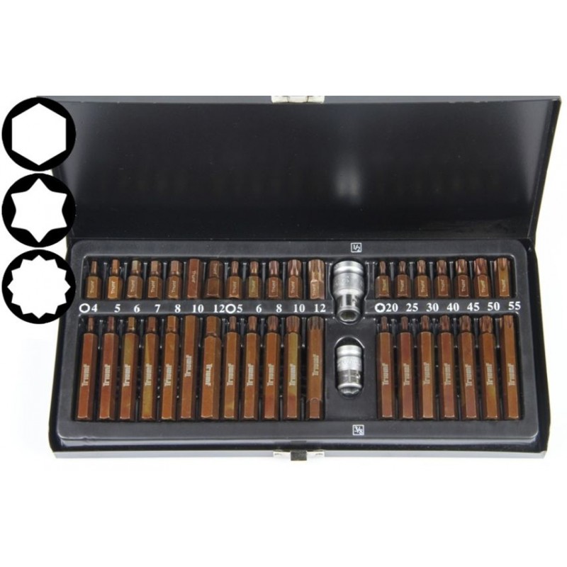 Sada bity 10mm, Inbus, Torx, XZN, adaptér 3/8", 1/2", 40ks, ocel S2, 100-00293