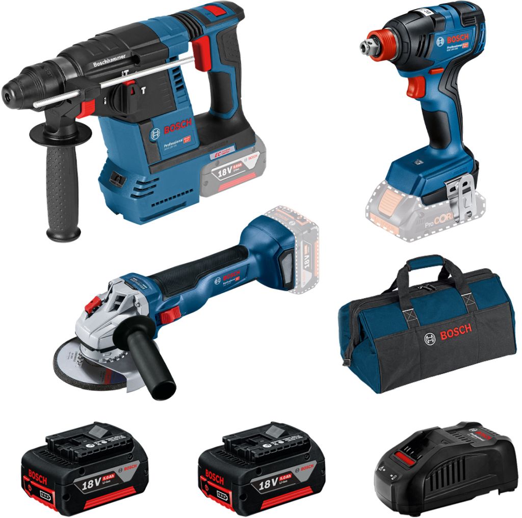 BOSCH Profesionální sada GBH 18V-26+GDX 18V-200+GWS 18V-10+2× akumulátor 5,0 Ah 0615990N21